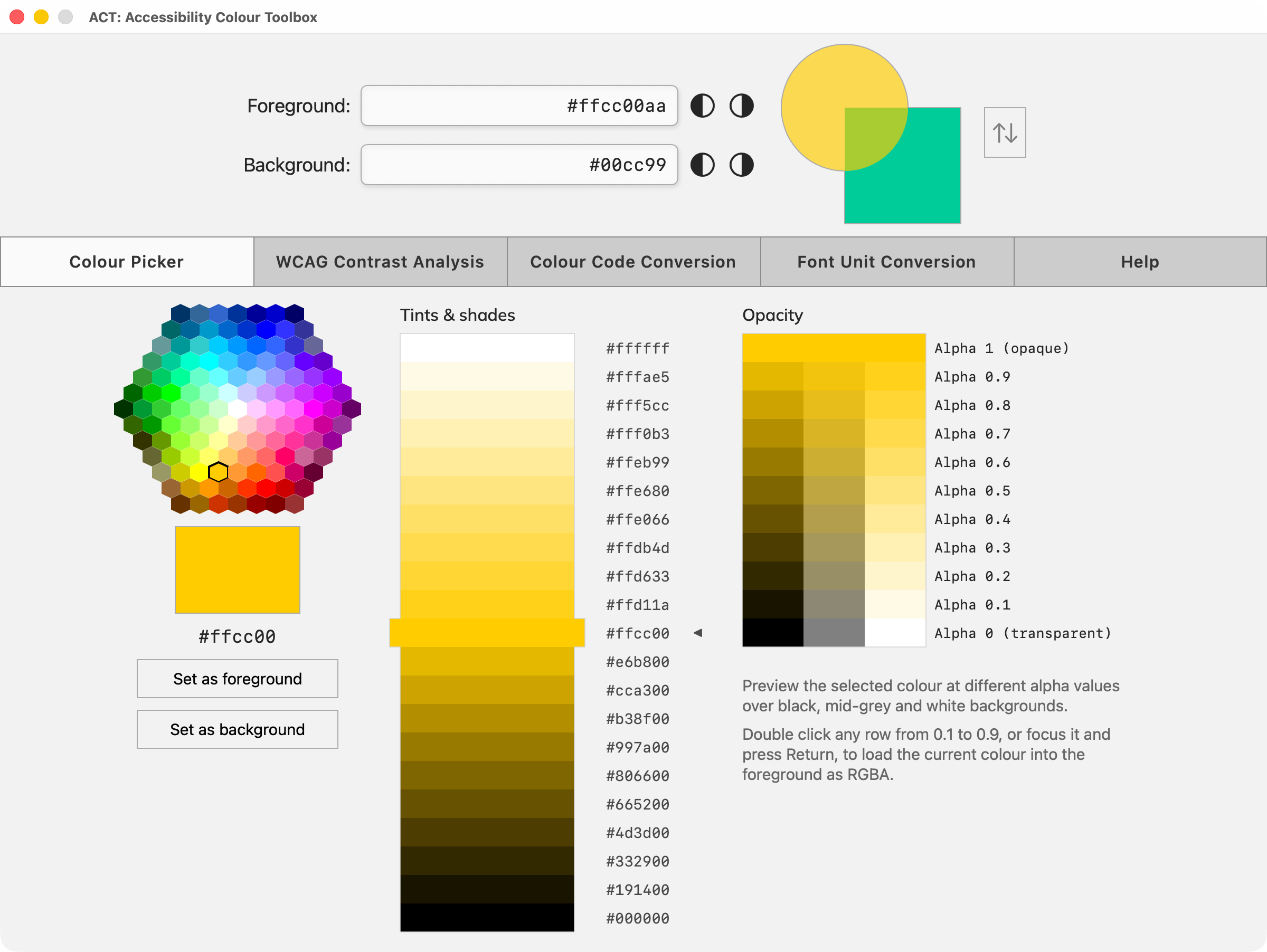ACT WCAG Contrast Analysis interface showing a 5.32 contrast ratio, pass and fail states for WCAG AA and AAA, and example text samples for small and large text.