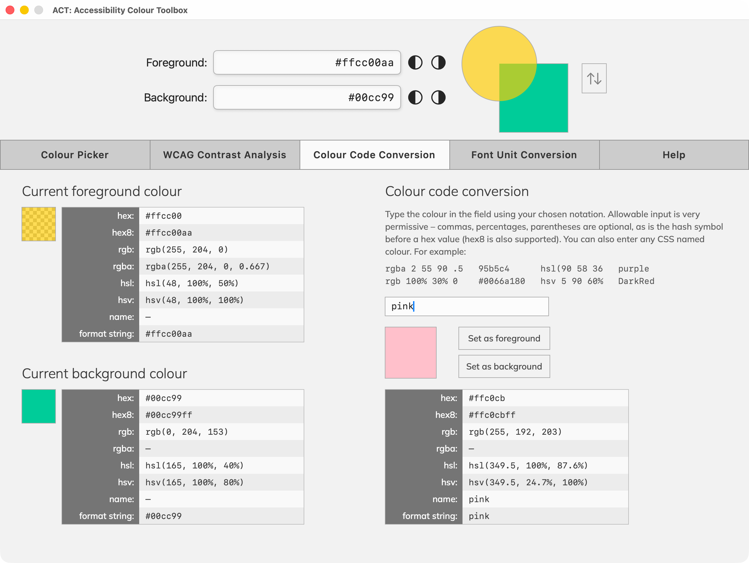 ACT Colour Picker interface showing foreground and background inputs, a 127-colour picker polygon, tint and shade steps, and an opacity table.