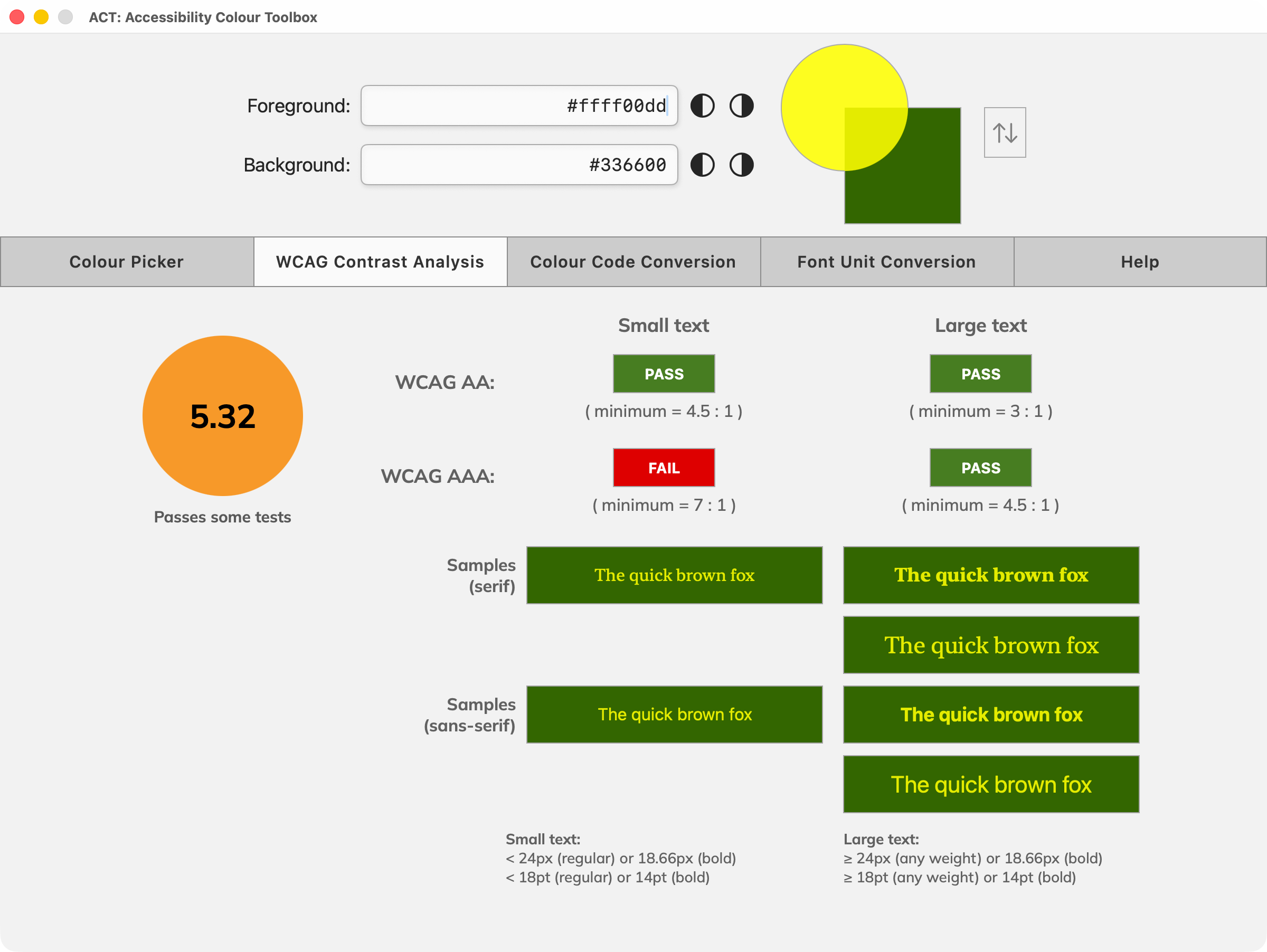 ACT Colour Code Conversion interface showing colour notation tables for foreground, background and a test colour, with an input field and set-colour buttons.
